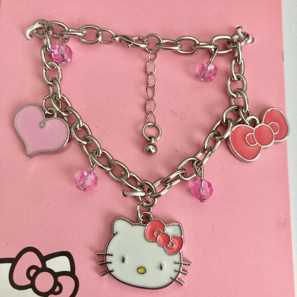 Sanrio Hello Kitty Cat Charm Bracelet Cute Enamel 7-8" Heart Bow Pink White NWT - Picture 3 of 8